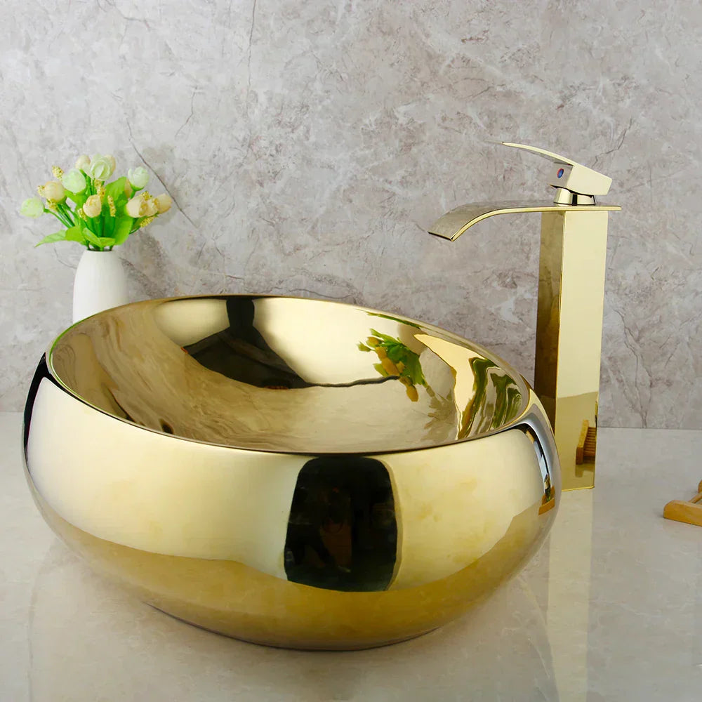DecorBites™ Golden Plated Ceramic Basin Sink & Faucet Tap Set with Pop Drain