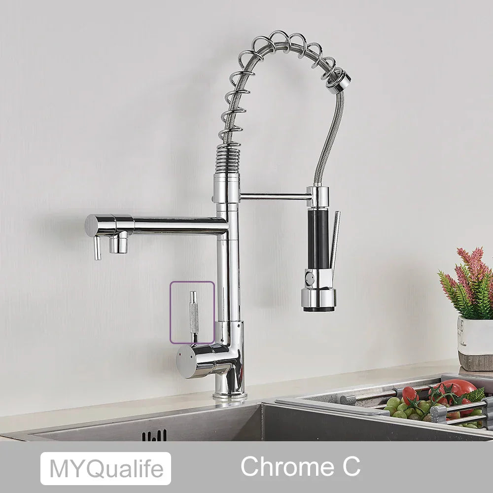 DecorBites™ Dual Spout Kitchen Sink Faucet - Matte Black Finish, Deck Mount Spring Mixer