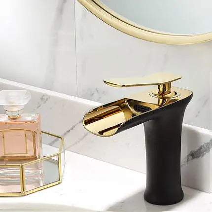DecorBites™ Gold Waterfall Bathroom Basin Faucet, White Mixer Tap Hot Cold Sink Plugin