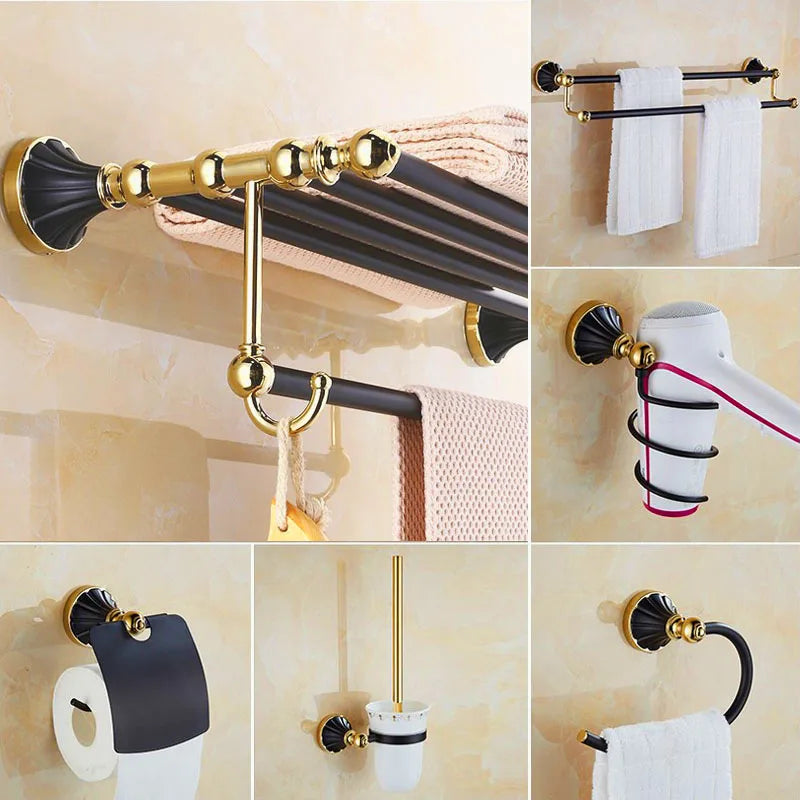 طقم إكسسوارات حمام DecorBites™ ذهبي وأسود، علاقة مناشف، حامل فرشاة تواليت، حامل ورق