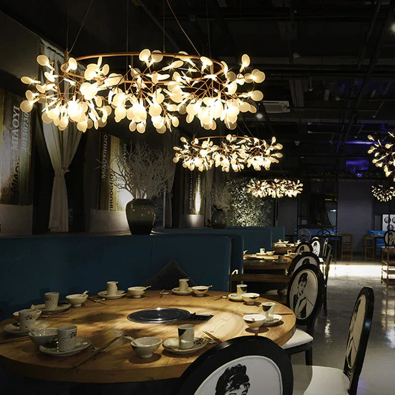 DecorBites™ Heracleum Chandeliers: Modern Black/Rose Gold Round Firefly Lamp Branch Design