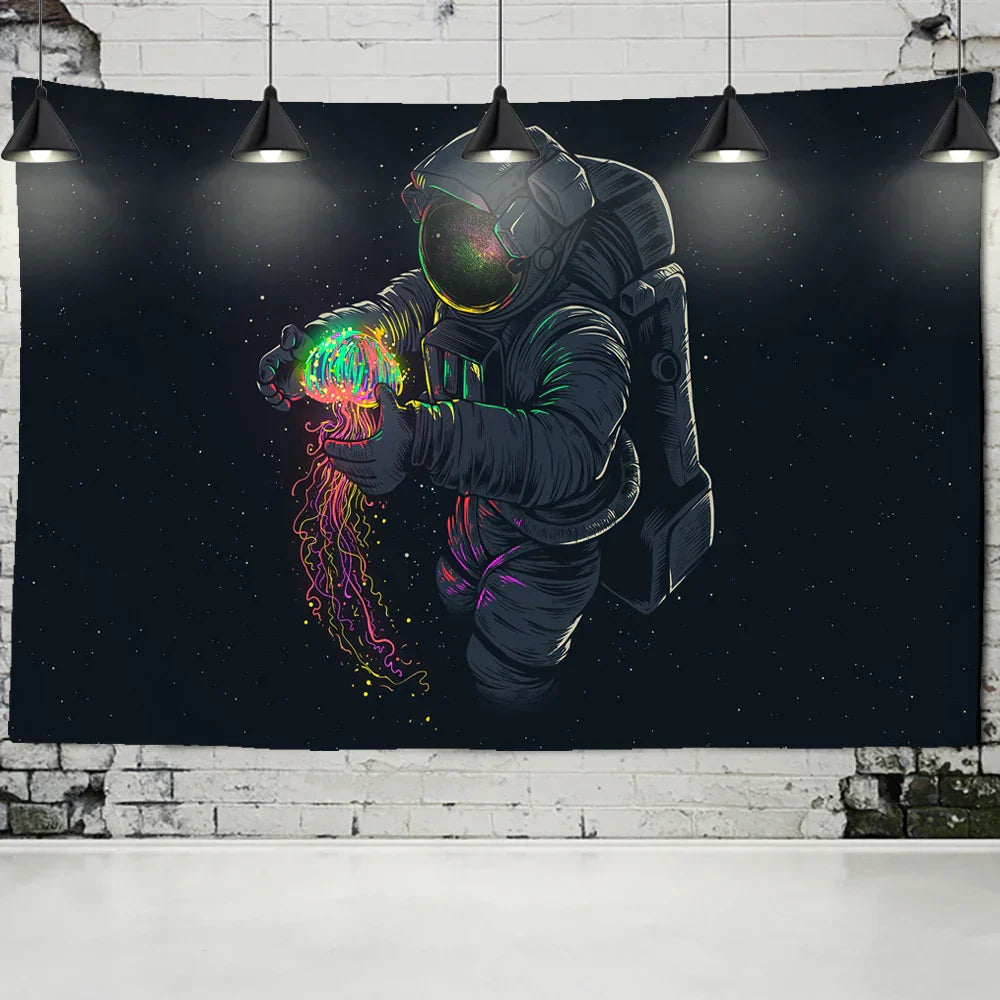 DecorBites™ Jellyfish Interstellar Sky Tapestry Wall Hanging: تصميم رائد فضاء لديكور السكن الجامعي البوهيمي