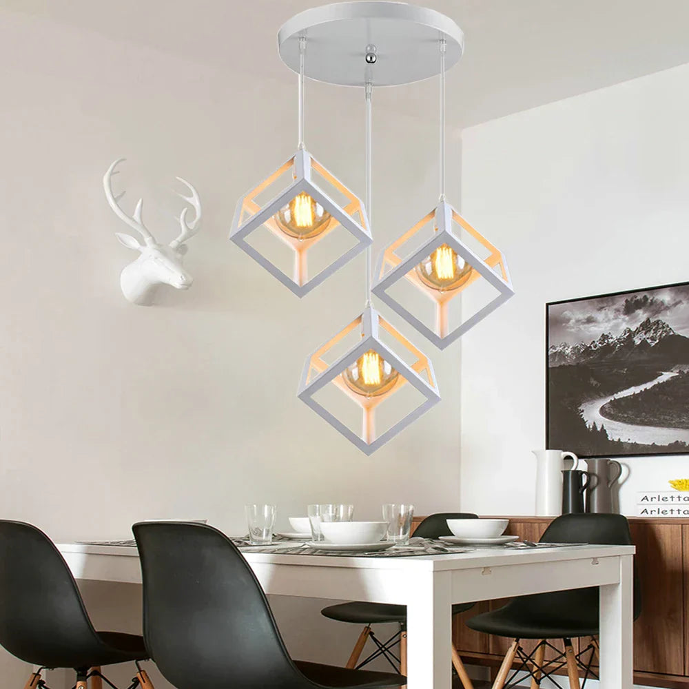 DecorBites™ Geometric Cube Pendant Lights Trio Metal Shades Square Ceiling Lamps