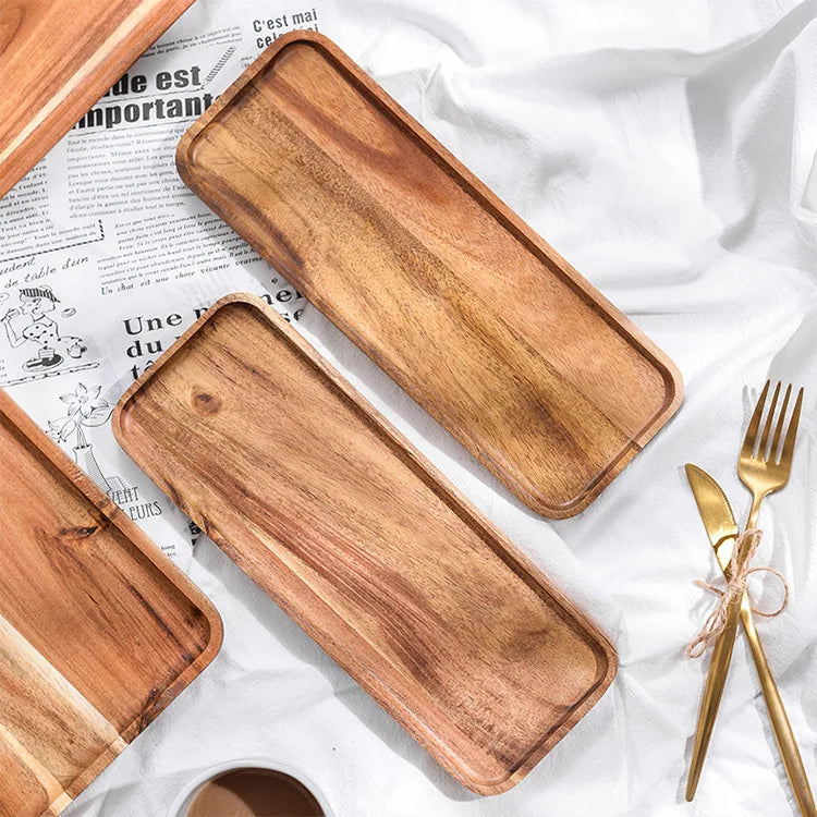 DecorBites™ Acacia Wood Breakfast Tray - Rectangular Fruit Plate with Wooden Cutlery