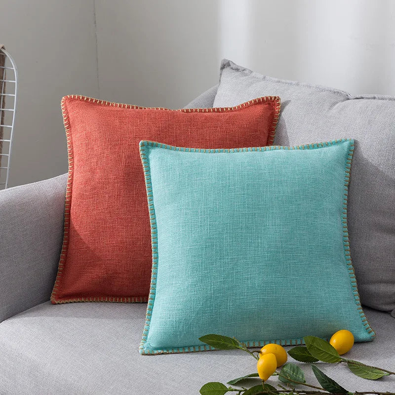DecorBites™ Linen Fringe Cushion Cover: Blue Grey Yellow Red Green for Sofa Bed