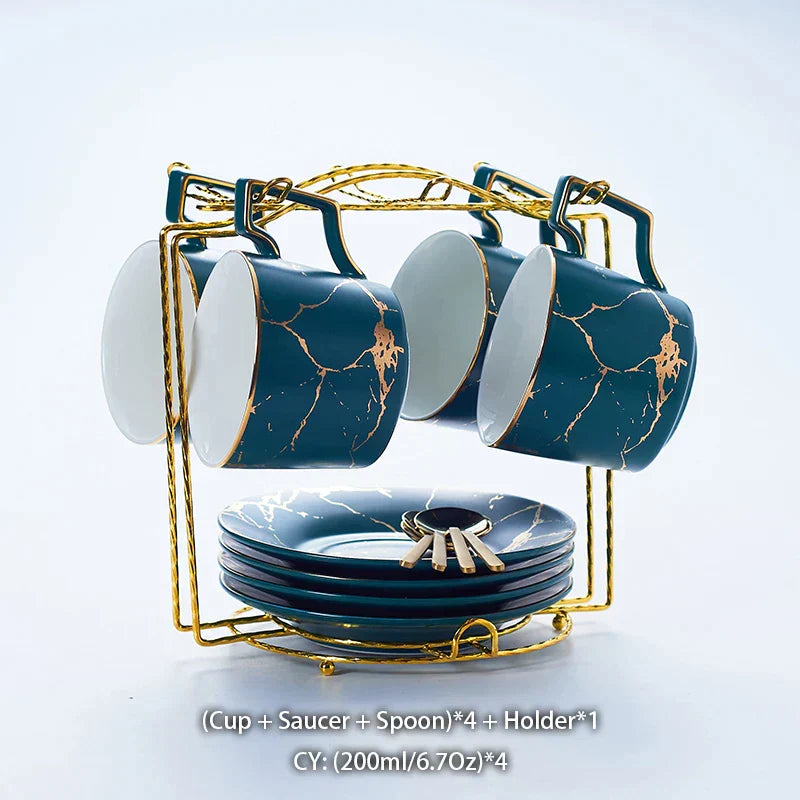 DecorBites™ 200ml Marble Ceramic Tea Set with Spoon and Saucer