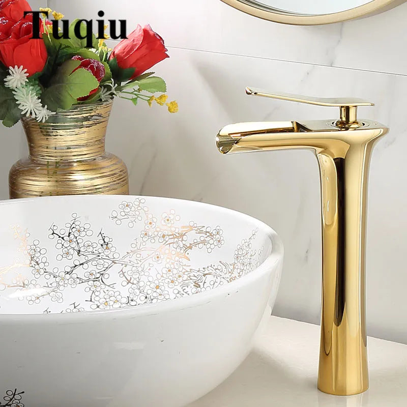 DecorBites™ Gold Waterfall Bathroom Basin Faucet, White Mixer Tap Hot Cold Sink Plugin
