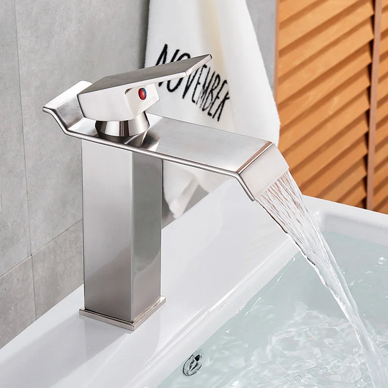 DecorBites™ Black Brass Bathroom Waterfall Sink Faucet Hot&Cold Mixer Vanity Tap Deck Mounted