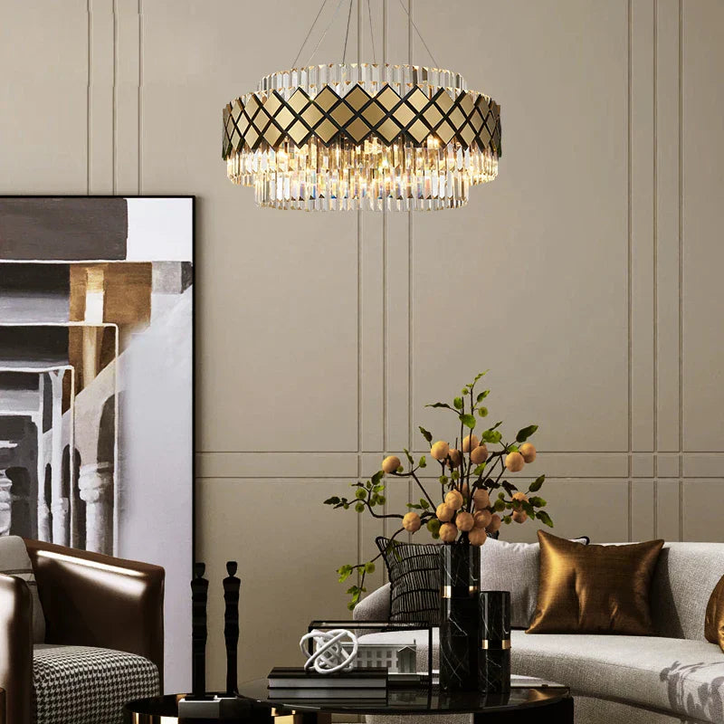 ثريا كريستال ذهبية بتقنية LED بتصميم آرت ديكو من DecorBites™ للمدخل