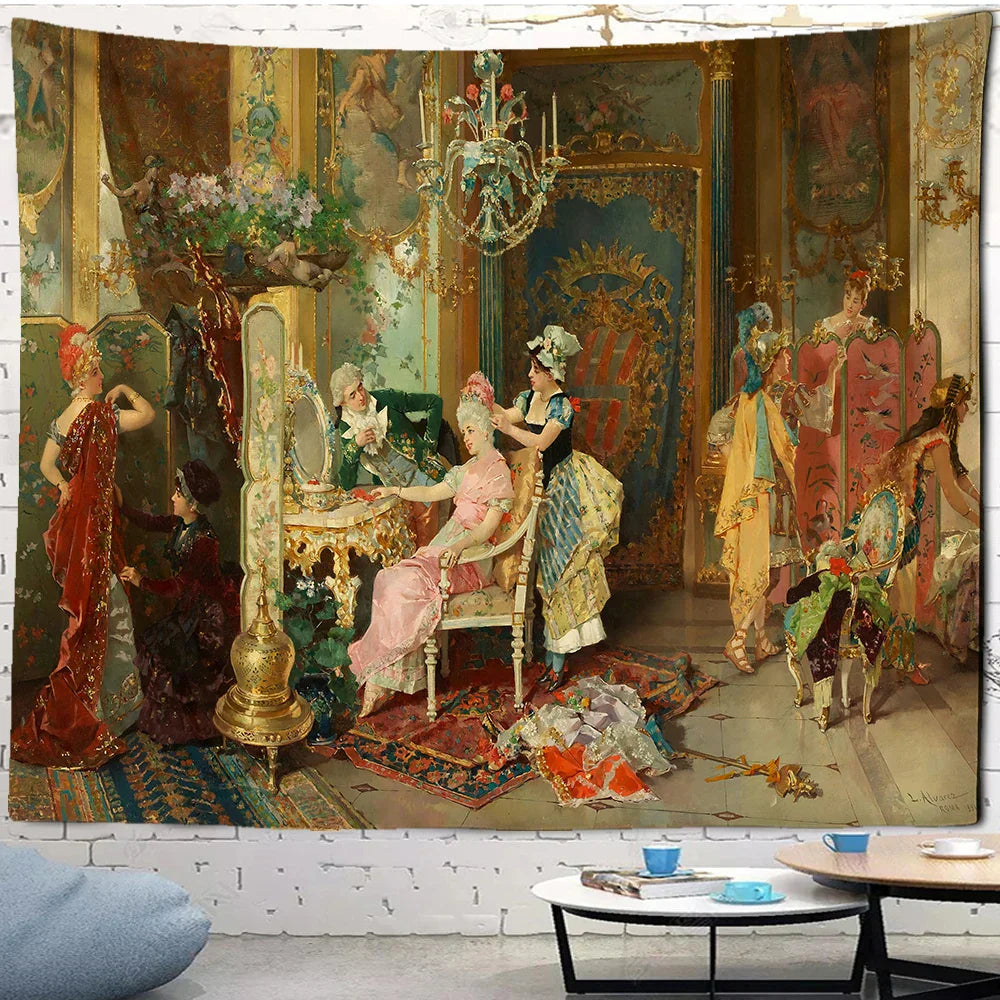 DecorBites™ Court Woman Gothic Architecture Tapestry Wall Art with Rose Scenery & Pigeons