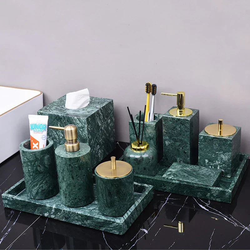 DecorBites™ Dark Green Marble Bathroom Set - Nordic Light Luxury Tray Toothbrush Holder Soap Dispenser Kit