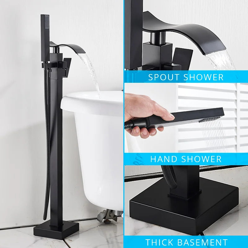 DecorBites™ Black Floor Mounted Bathtub Faucet Set with Waterfall Mixer Tap