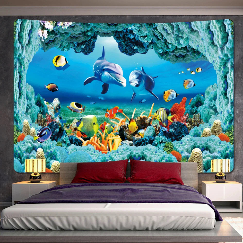DecorBites™ Dolphin Psychedelic Tapestry: Bohemian Underwater Wall Hanging for Home Decoration