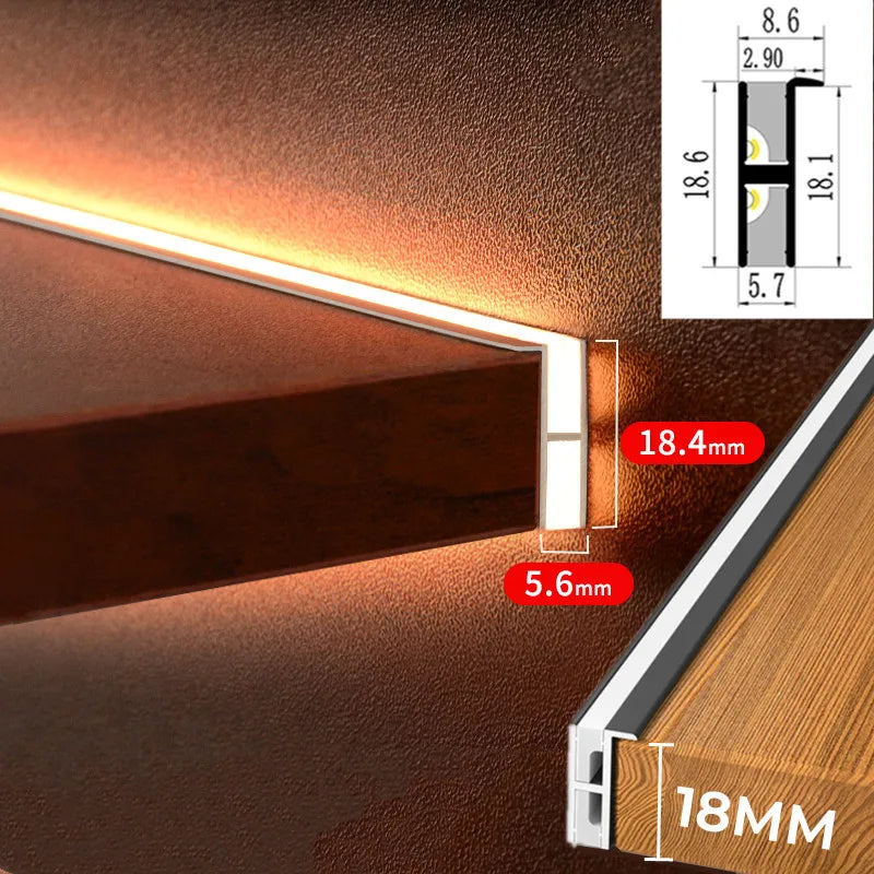 مصباح طبقة الخزانة LED من DecorBites™: تصميم رفيع للغاية من الألومنيوم، إضاءة خلفية علوية وسفلية، للوح سمك 18 ملم.