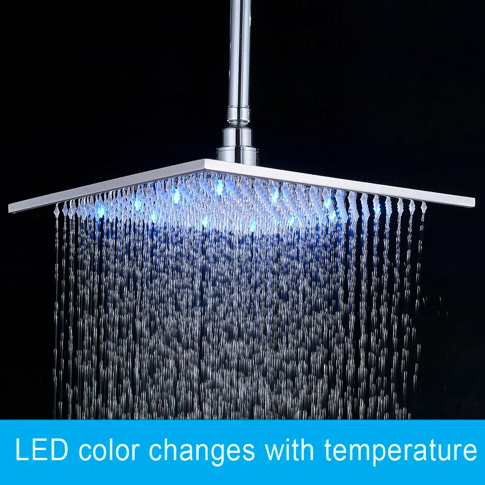 DecorBites™ 16" Square LED Light Rainfall Shower Head - Color Changing Brass Showerhead