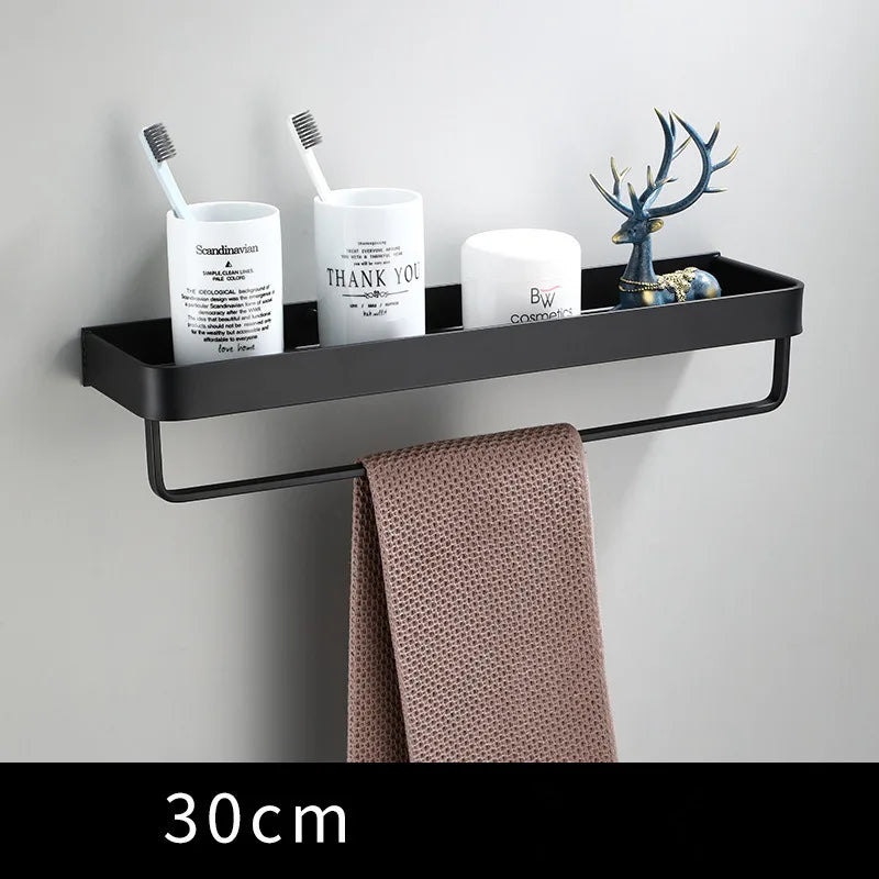 DecorBites™ Black Aluminum Bathroom Shower Shelf with Hook Bar and Shampoo Holder