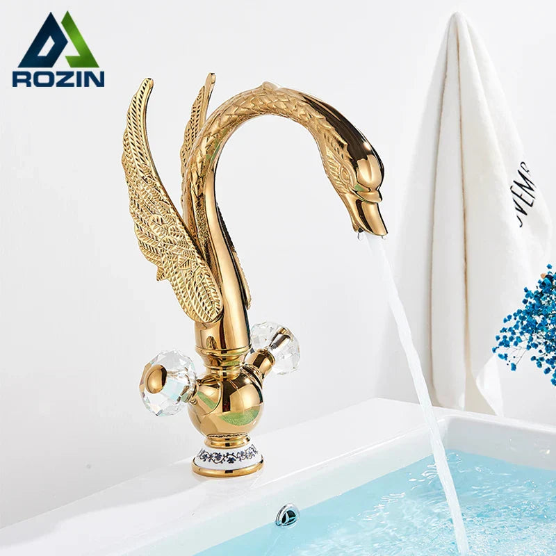 DecorBites™ صنبور حوض البجعة الذهبية: نحاس مصمت، يُثبّت على السطح، خلاط بمقبضين