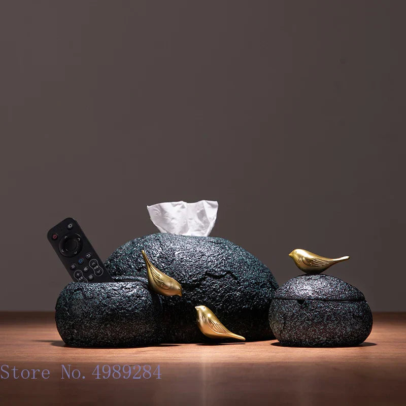 DecorBites™ صندوق مناديل راتنج بتصميم طائر ذهبي ومطفأة سجائر ومنظم سطح مكتب وصندوق تخزين
