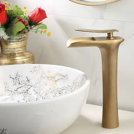 DecorBites™ Gold Waterfall Bathroom Basin Faucet, White Mixer Tap Hot Cold Sink Plugin