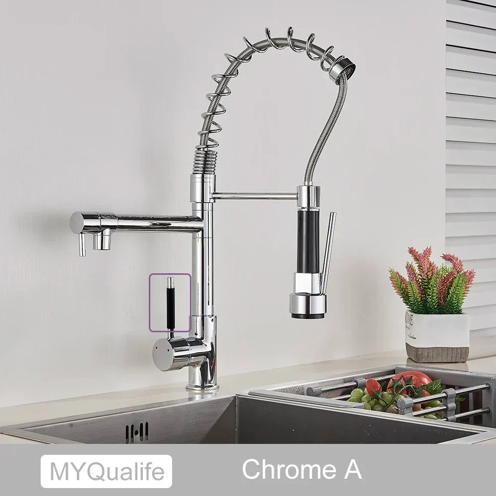 DecorBites™ Black Brass Kitchen Faucet with Dual Spout, 360 Rotation, Deck Mounted