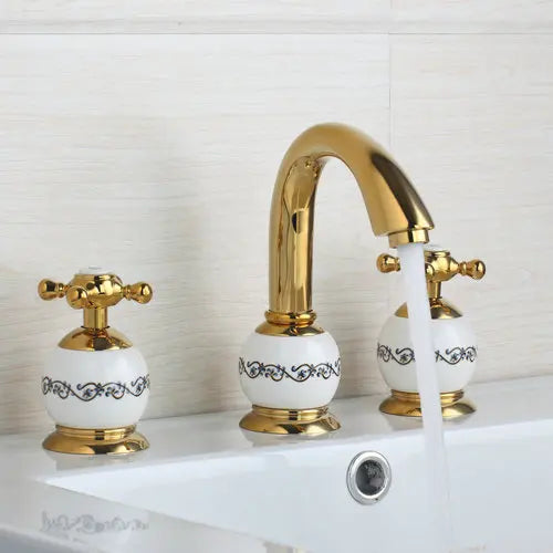 DecorBites™ Golden Plated Bathroom Faucet Set with Ceramic Cross Handles
