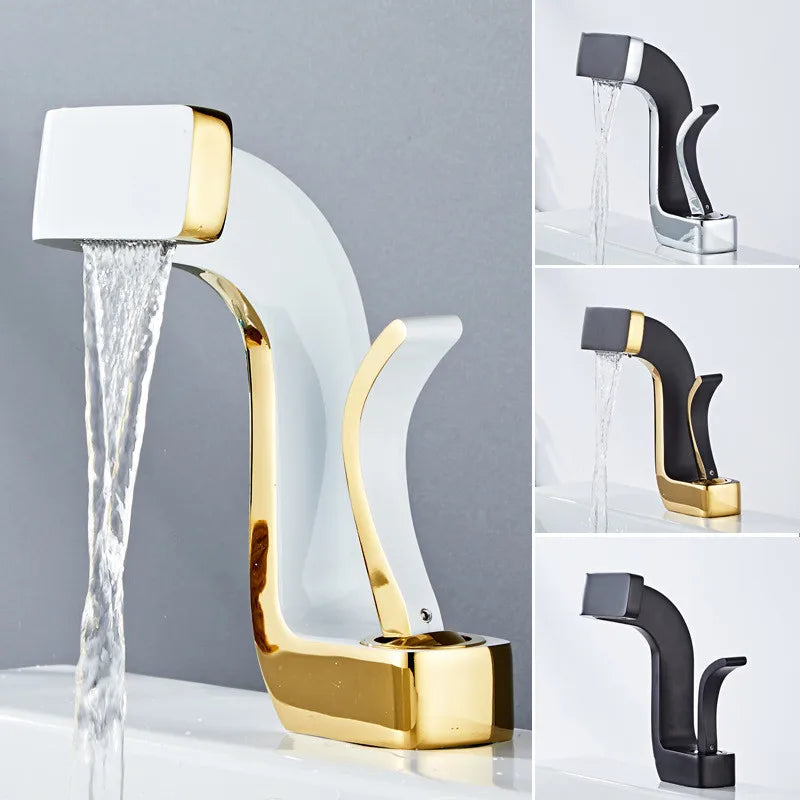 DecorBites™ صنبور حوض نحاسي ذهبي، خلاط ماء بارد وساخن، حنفية حوض تثبت على السطح
