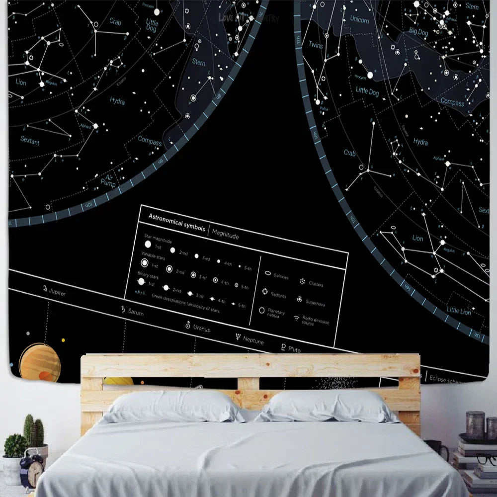 DecorBites™ Interstellar Sky Map Constellations Tapestry- Black Galactic Wall Decor