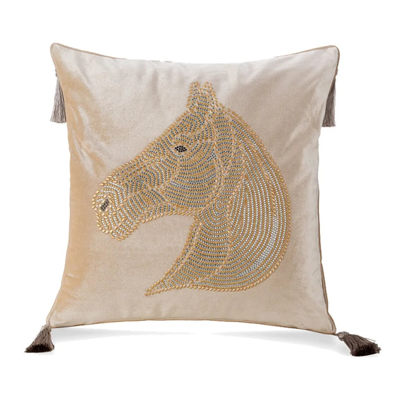 DecorBites™ Gold Rhinestone Square Pillow Case with Tassels Luxury Accent Decorative Cover