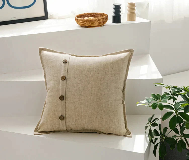 DecorBites™ غطاء وسادة من القطن والكتان 45×45 سم باللون الوردي والأزرق والأخضر والبيج مع أزرار جوز الهند لتزيين المنزل