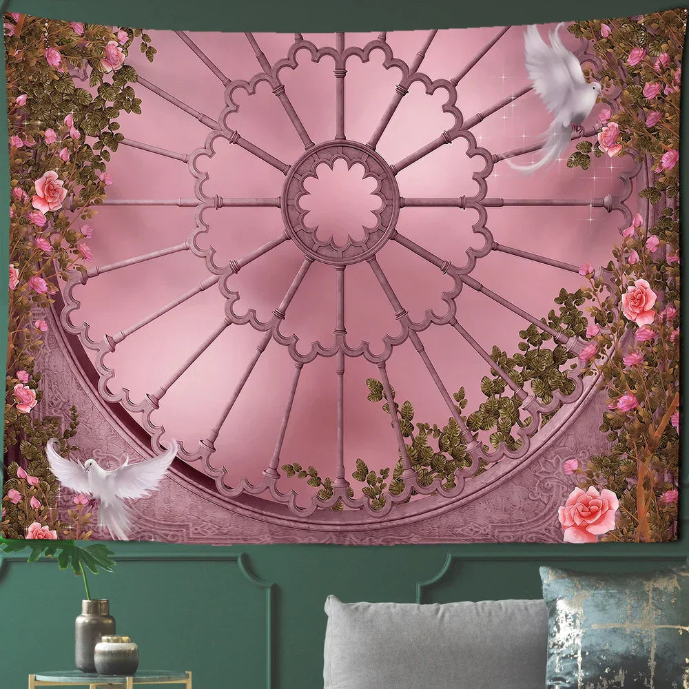 DecorBites™ Court Woman Gothic Architecture Tapestry Wall Art with Rose Scenery & Pigeons