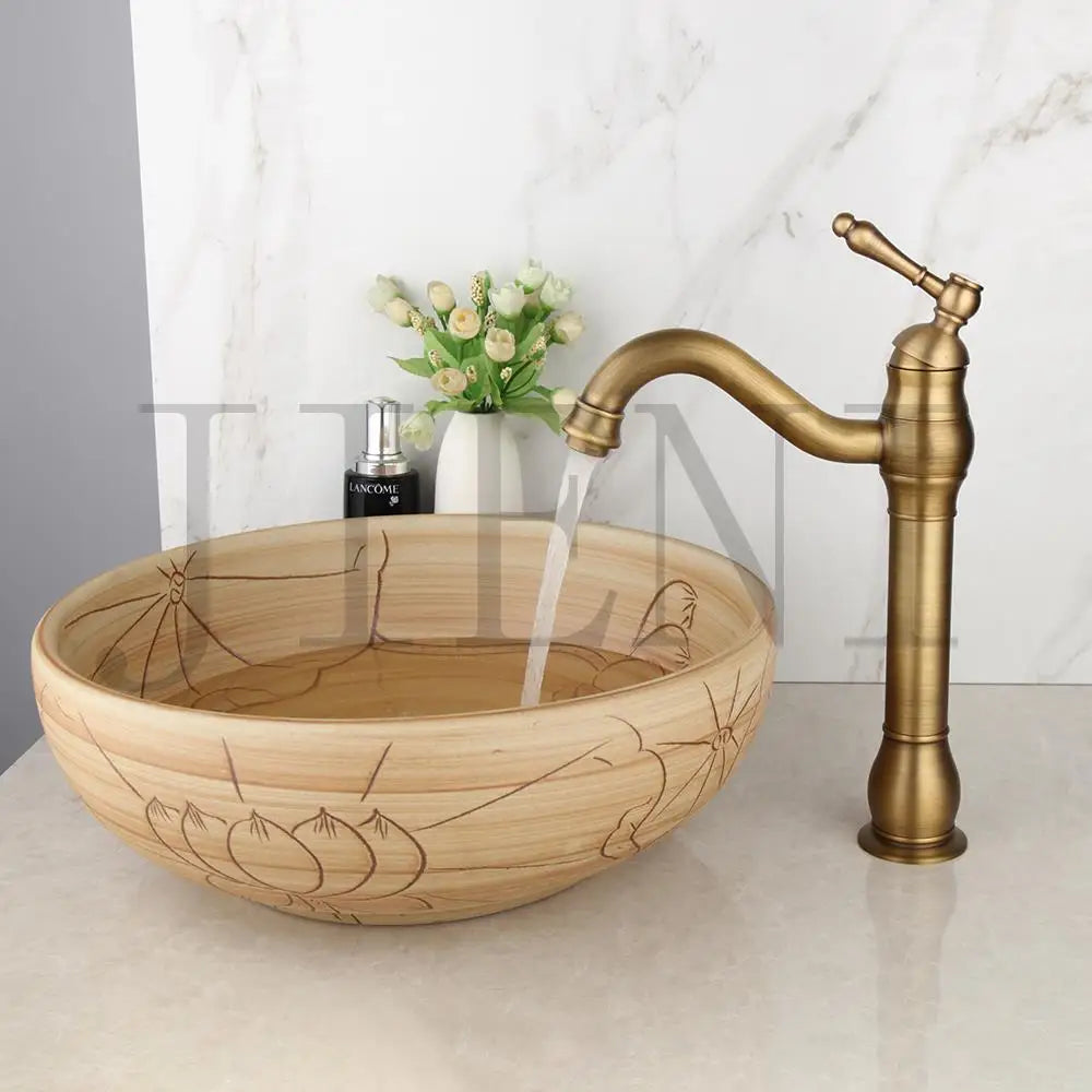 DecorBites™ Black Ceramics Sink with Hand-Painted Waterfall Design and Brass Faucet