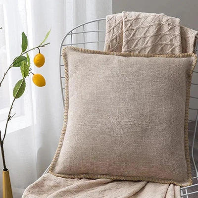 DecorBites™ Linen Fringe Cushion Cover: Blue Grey Yellow Red Green for Sofa Bed