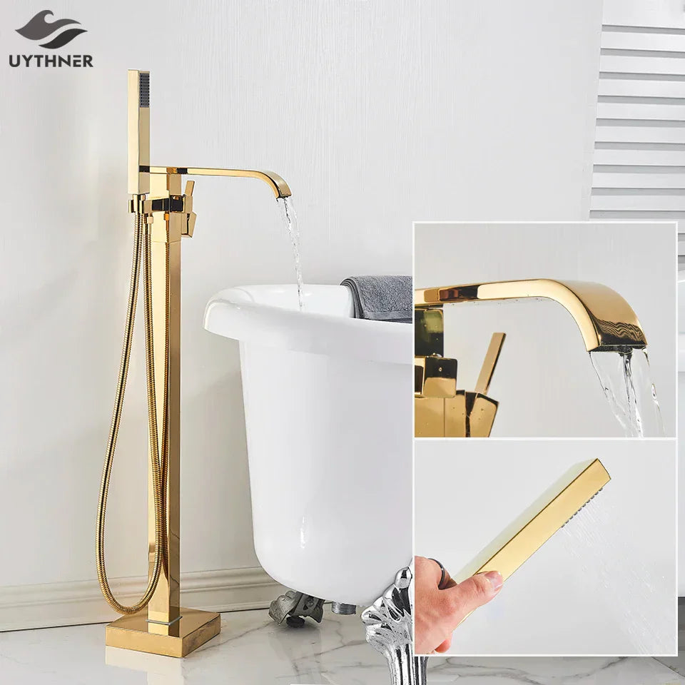 DecorBites™ طقم صنبور حوض استحمام ذهبي خلاط دش مياه ساخنة وباردة صنبور شلال قائم على الأرض