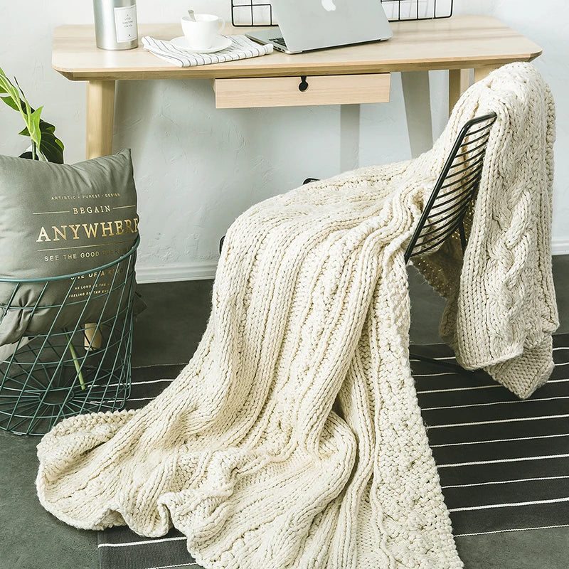 Couverture en laine tricotée épaisse beige kaki DecorBites™