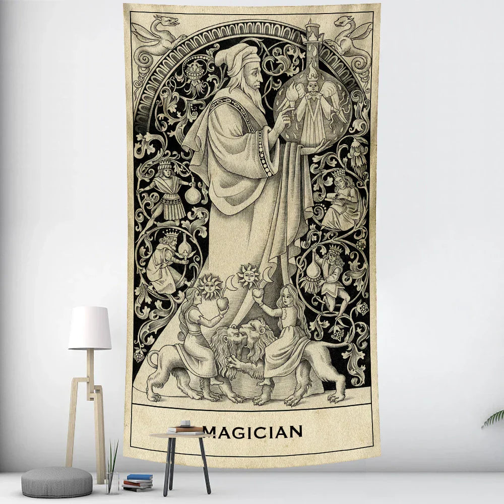DecorBites™ Black & White Tarot Witchcraft Tapestry | Bohemian Hippie Mandala Wall Decor
