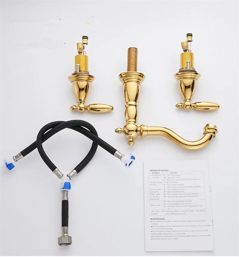 DecorBites™ Gold Brass Widespread Bathroom Faucet - خلاطات حوض حمام واسعة الانتشار من النحاس الذهبي - 3 فتحات للحوض العتيق