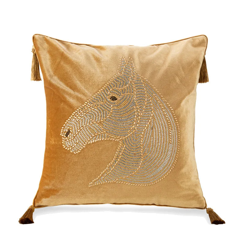 DecorBites™ Gold Rhinestone Square Pillow Case with Tassels Luxury Accent Decorative Cover