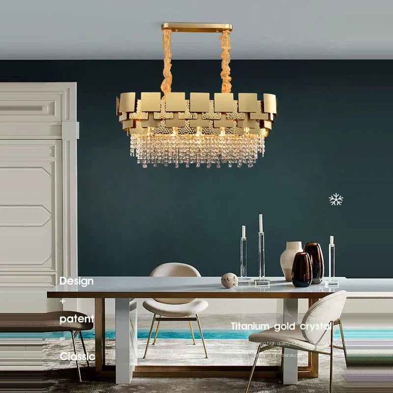 DecorBites™ ثريا متدلية ذهبية كريستالية من الفولاذ المقاوم للصدأ لردهة أنيقة
