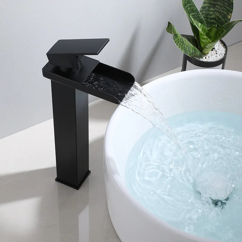 DecorBites™ Gold Waterfall Basin Faucet: Brass Bathroom Mixer Tap, Hot Cold Sink Faucet