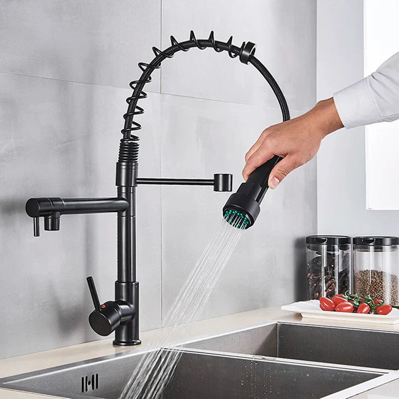 DecorBites™ Black Brass Kitchen Faucet with Dual Spout, 360 Rotation, Deck Mounted