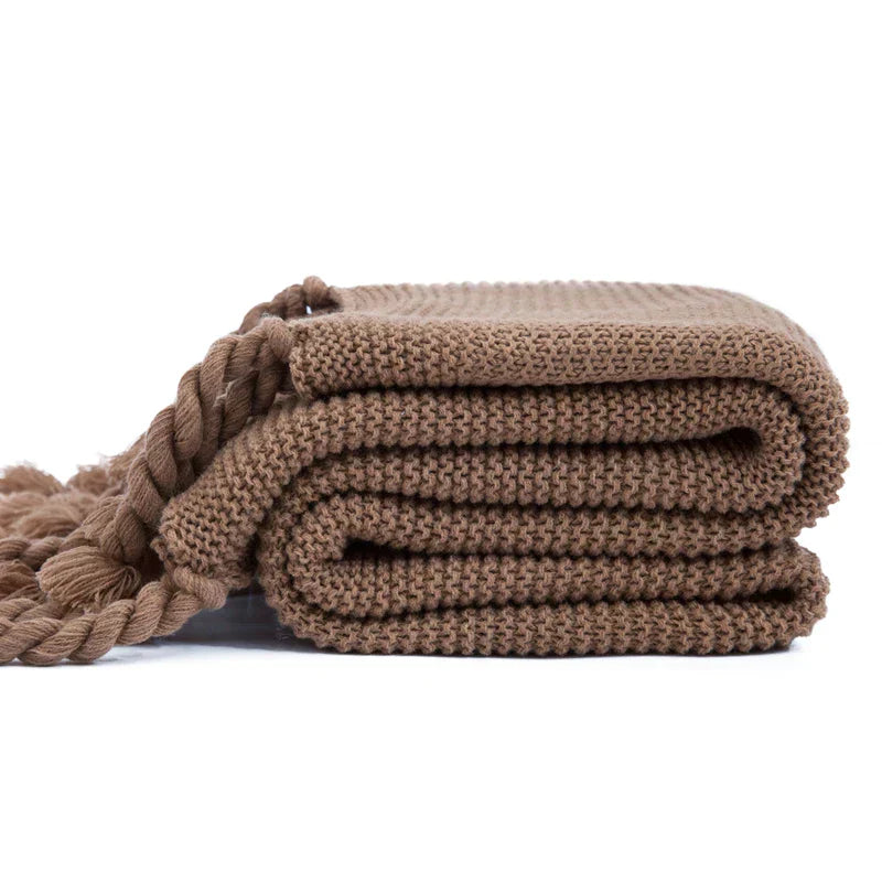 DecorBites™ Knit Throw Blanket Ivory Pink Solid Soft Plaid Tassels 50"x62"