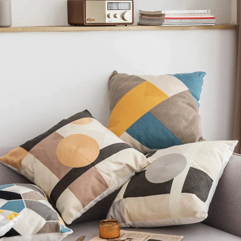 DecorBites™ Geometric Embroidery Cushion Cover Set - Blue Coffee Yellow Grey Abstract Square