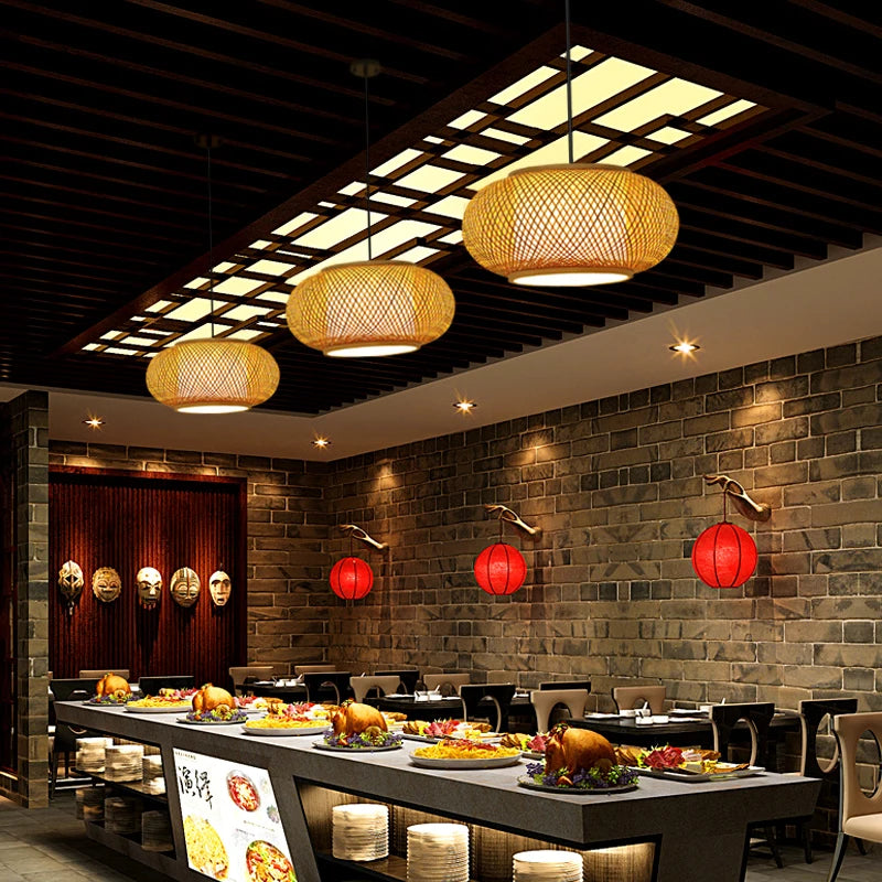 Handwoven Rattan Bamboo Pendant Light in Black