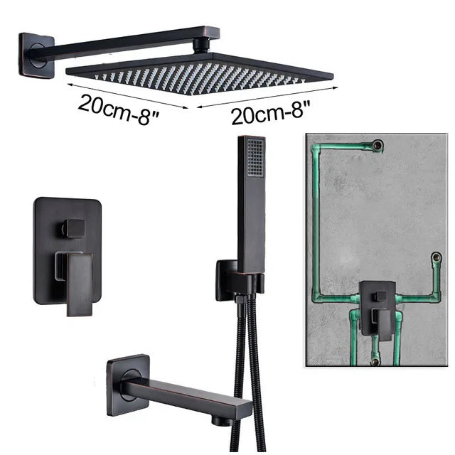 DecorBites™ Black Brass Shower Faucet with 2-Way Mixer, Handshower and Rainfall Head
