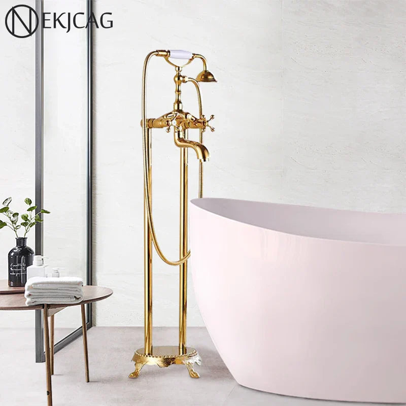 صنبور دش حوض استحمام قائم بذاته بمقبض مزدوج بتصميم مخلب من DecorBites™، خلاط ذهبي مصقول