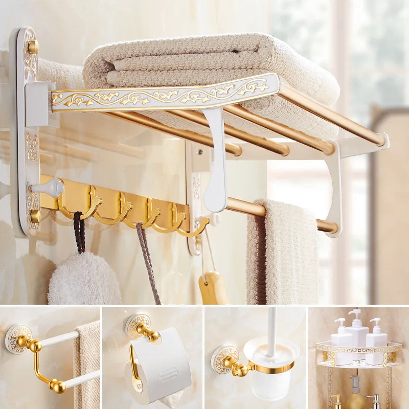 DecorBites™ Bathroom Accessories Set: Shelf, Towel Rack, Paper Holder, Toilet Brush Holder, Towel Hanger, Hooks