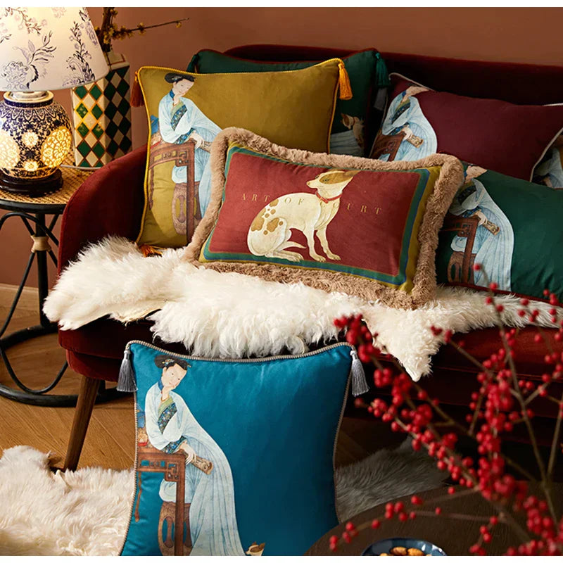 DecorBites™ Court Puppy Print Fur Fringed Bolster Pillowcase Decorative Throw Pillow Cover