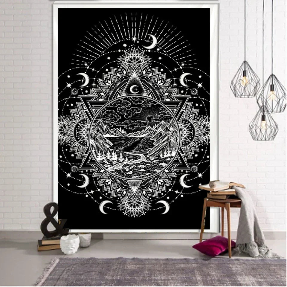 DecorBites™ Black & White Tarot Witchcraft Tapestry | Bohemian Hippie Mandala Wall Decor