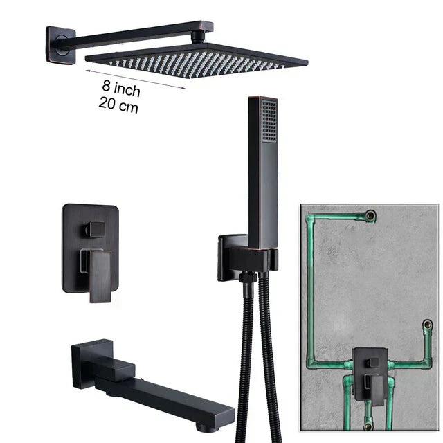 DecorBites™ Black Brass Shower Faucet with 2-Way Mixer, Handshower and Rainfall Head