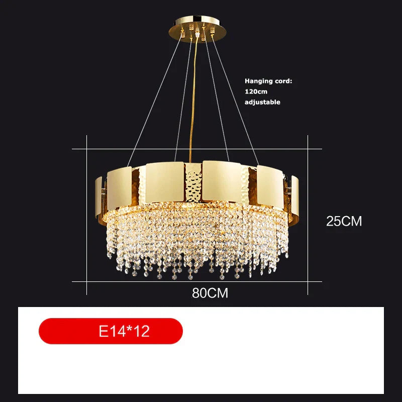 DecorBites™ ثريا متدلية ذهبية كريستالية من الفولاذ المقاوم للصدأ لردهة أنيقة